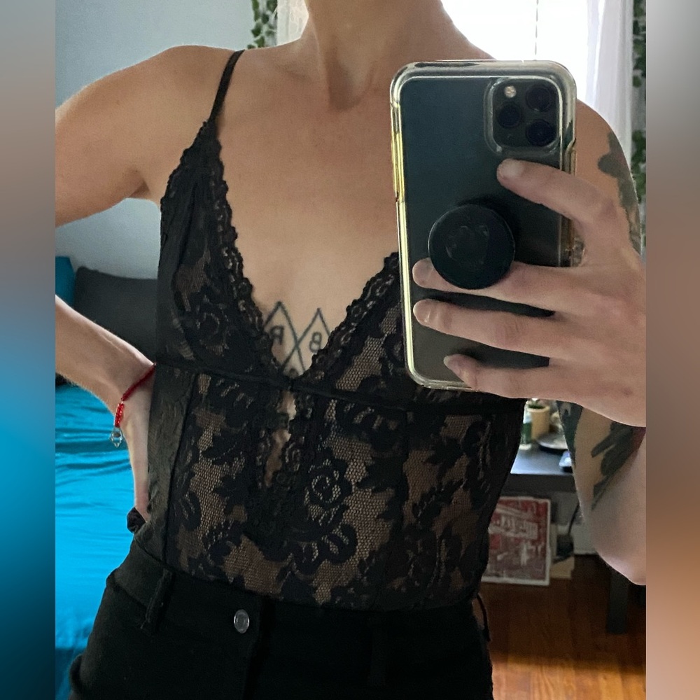 Vtg Y2K Victoria's Secret Black Lace Keyhole Front Plunge Full Length Tank - Picture 9 of 9